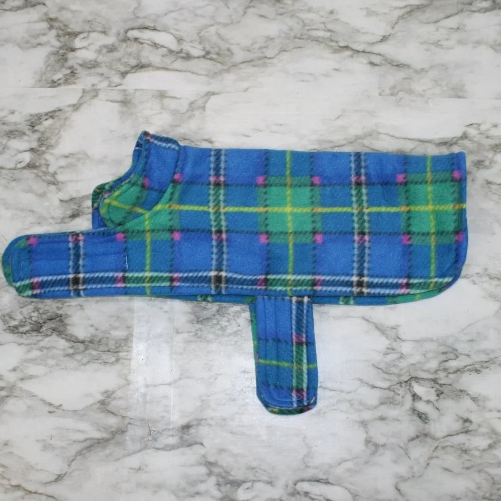 HAND CRAFTED Dog Coat Fleece Winter Reversible Blue Plaid Print B M XS